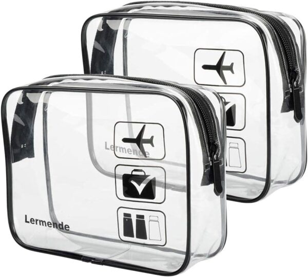 2pcs/Pack Lermende Clear Toiletry Bag TSA Approved Travel Carry On Airport Airline Compliant Bag Quart Sized 3-1-1 Kit Luggage Pouch (Black)