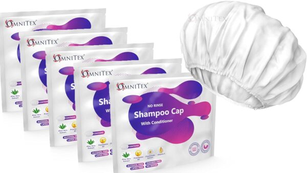 5pk - Omnitex Premium Rinse Free Shampoo Cap - Microwaveable | with Conditioner & Vitamins | Nourish & Protect with Herbal Extracts & Barrier Cream | No Water, No Parabens,...