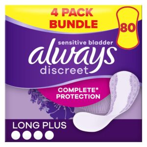 Always Discreet Incontinence Liners Women Long Plus 20 Panty Liners, (Pack of 4) Lock in Leaks and Odours, for Sensitive Bladder