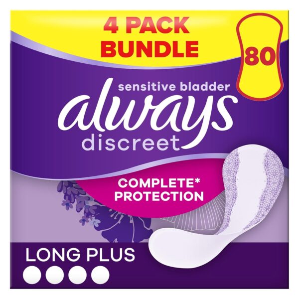 Always Discreet Incontinence Liners Women Long Plus 20 Panty Liners, (Pack of 4) Lock in Leaks and Odours, for Sensitive Bladder