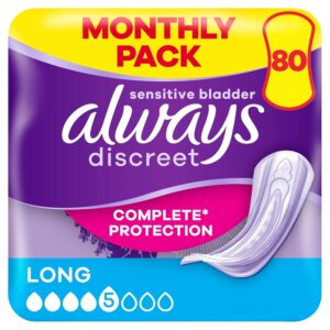 Always Discreet Incontinence Pads Long, 80 Pads (4 x 20 Pieces) Monthly Pack, Discreet Protection & High Absorbency, Odour-Neutralising (Packaging May Vary)