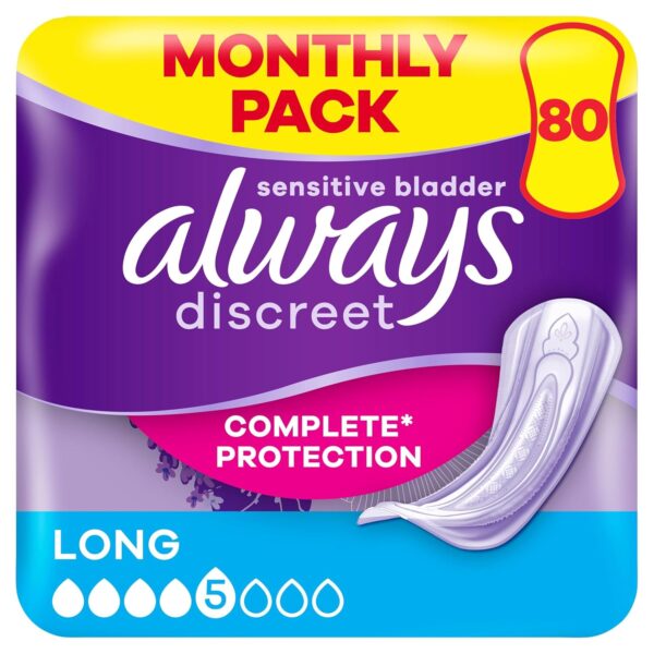 Always Discreet Incontinence Pads Long, 80 Pads (4 x 20 Pieces) Monthly Pack, Discreet Protection & High Absorbency, Odour-Neutralising (Packaging May Vary)