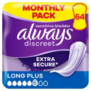 Always Discreet Incontinence Pads Women Long Plus 64 Count, Extra Secure & Discreet