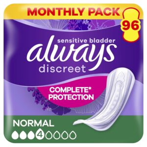 Always Discreet Incontinence Pads Women, Normal, Absorbency 3 or 4, 96 Sanitary Towels (24 x 4 Packs), Complete Protection for Bladder Weakness Pads Women, Odour Neutraliser