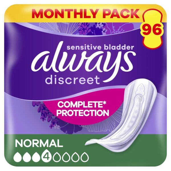 Always Discreet Incontinence Pads Women, Normal, Absorbency 3 or 4, 96 Sanitary Towels (24 x 4 Packs), Complete Protection for Bladder Weakness Pads Women, Odour Neutraliser