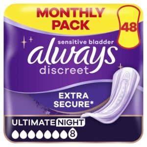 Always Discreet Incontinence Pads Women, Ultimate Night, Absorbency 7, 48 Sanitary Pads Heavy Flow (12 x 4 Packs), Extra Secure Bladder Weakness, Odour Neutraliser