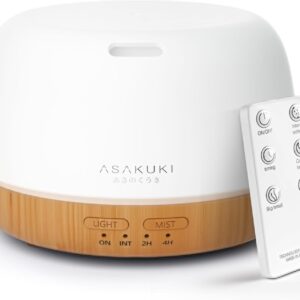 ASAKUKI Essential Oil Diffuser 300ml, Ultrasonic Aromatherapy Humidifier with Remote Control, with USB-C Power Cord, 7 Colors LED Light, Timer and Auto-Off
