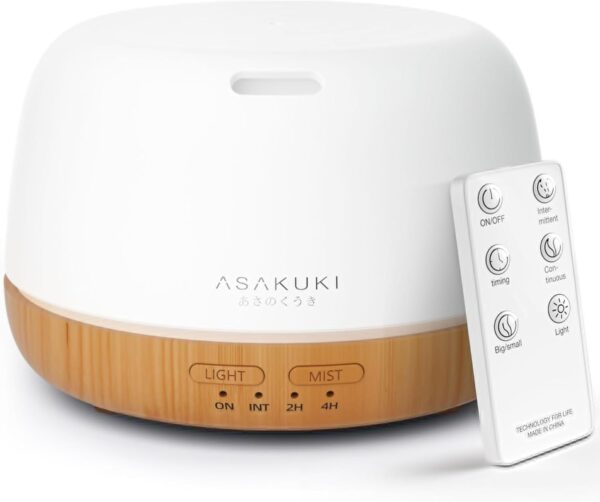 ASAKUKI Essential Oil Diffuser 300ml, Ultrasonic Aromatherapy Humidifier with Remote Control, with USB-C Power Cord, 7 Colors LED Light, Timer and Auto-Off