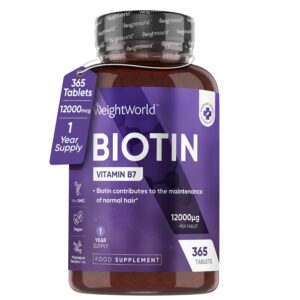 Biotin Hair Growth Supplement 12000mcg - 365 Vegan Biotin Tablets (1 Year Supply) - Hair Skin & Nails Vitamins for Women & Men