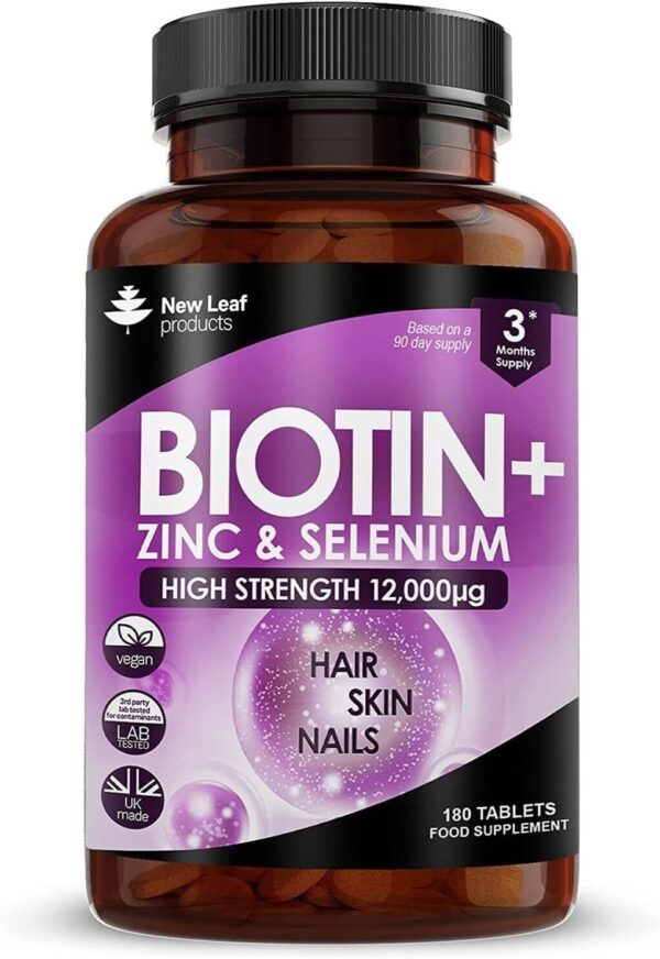 Biotin Hair Growth Vitamins 12,000mcg D-Biotin Tablets Enriched with Zinc & Selenium –Vegan Hair Skin & Nails Vitamins for Women and Men High Strength - 3 Months Supply UK Made...
