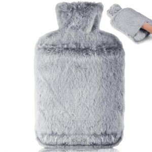 BOLEi Hot Water Bottle with Luxury Cosy Faux Fur Cover,2L Leakproof Large Hot Water Bag for Neck,Shoulder,Hand Feet Warmer,Ideal for Women,Men(Grey)