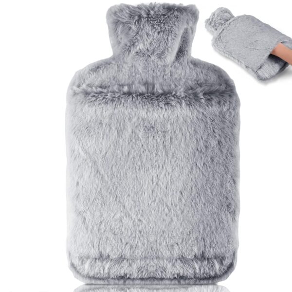 BOLEi Hot Water Bottle with Luxury Cosy Faux Fur Cover,2L Leakproof Large Hot Water Bag for Neck,Shoulder,Hand Feet Warmer,Ideal for Women,Men(Grey)
