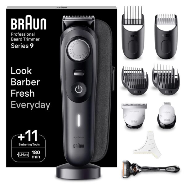 Braun Beard Trimmer Series 9 BT9441, Beard Trimmer Men Rechargeable, Trimmer with Barber Tools and 180-min Runtime, Hair and Beard Trimmers for Men, Black