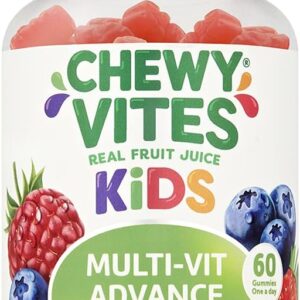 Chewy Vites Kids Multivitamin Advance, 60 Kids Vitamins Gummies, 11 Essential Nutrients, 2 Months Supply, Real Fruit Juice, Vegan, Age 3 +, Blueberry and Raspberry Flavour