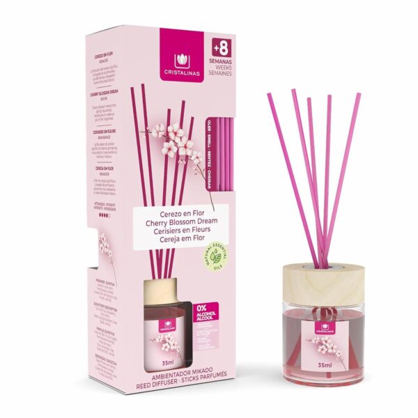 Cristalinas 35ml Cherry Blossom Air Fresheners for Home - Reed Diffusers for home - Home Fragrance Lasts upto 8 weeks - Room Diffuser Sticks with Coloured Fragrance Oil