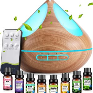 Diffusers 500ML with 8 Essential Oils Set, Aromatherapy Diffusers Air Freshener,Essential Oil Diffuser with Remote Control, 4 Timer and Waterless Auto-Off Cool Mist for Bedroom