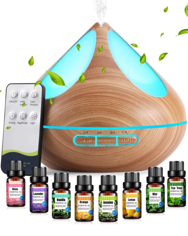 Diffusers 500ML with 8 Essential Oils Set, Aromatherapy Diffusers Air Freshener,Essential Oil Diffuser with Remote Control, 4 Timer and Waterless Auto-Off Cool Mist for Bedroom