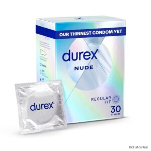 Durex Nude Condoms, Regular Fit, 30s, Extra Thin, Easy On Shape, Secure, Higher Protection, with Silicone Lube