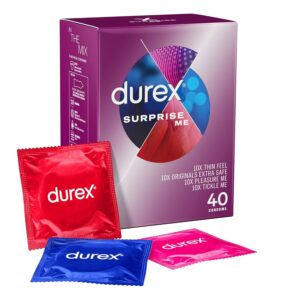 Durex Surprise Me Variety Pack Condoms, 40 Count - Thin Feel, Extra Safe, Pleasure, Tickle, Easy On Shape, Teat Ended for Enhanced Comfort and Sensation
