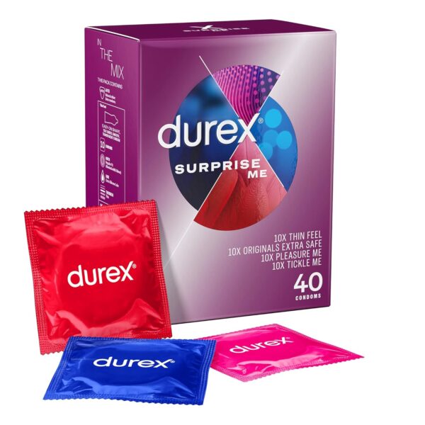 Durex Surprise Me Variety Pack Condoms, 40 Count - Thin Feel, Extra Safe, Pleasure, Tickle, Easy On Shape, Teat Ended for Enhanced Comfort and Sensation