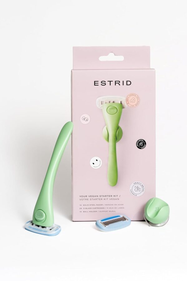 Estrid Starter Kit - Steel Razor + 2 * 5 blade Refill + Wall holder Razor for Body, Vegan, For sensitive skin, 2 refill cartridges (Matcha)