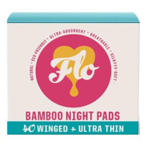FLO Organic Bamboo Sanitary Towels with Wings – Ultra-Thin, Biodegradable, Soft, Absorbent Period Pads for Leak-Proof Protection – 40 Night Pads