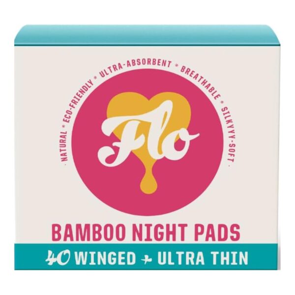 FLO Organic Bamboo Sanitary Towels with Wings – Ultra-Thin, Biodegradable, Soft, Absorbent Period Pads for Leak-Proof Protection – 40 Night Pads