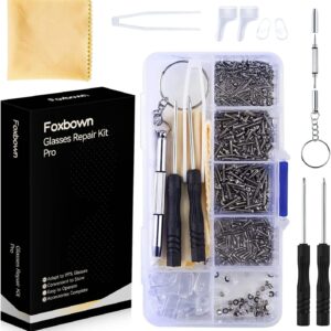 Foxbown Glasses Repair Tool Kit, 500 Pcs Spectacles Repair Screws with Mini Screwdriverc Set, Screws Nuts, Silicone Nose Pads, Tweezer, Glasses Cloth