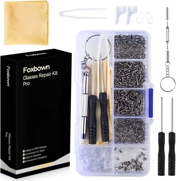 Foxbown Glasses Repair Tool Kit, 500 Pcs Spectacles Repair Screws with Mini Screwdriverc Set, Screws Nuts, Silicone Nose Pads, Tweezer, Glasses Cloth