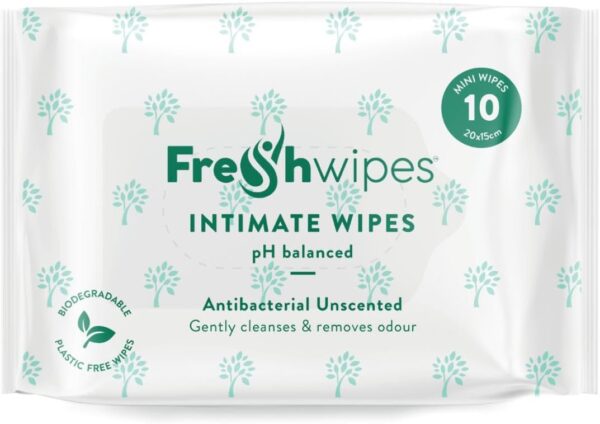 FreshWipes Unscented Intimate Hygiene Wipes 1 Pack (10 Wipes) - Antibacterial & Biodegradable Wet Wipes for Women & Men - Odour Removing & pH Balanced for Sensitive Skin -...