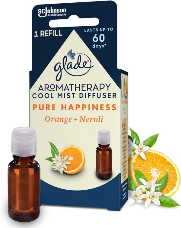 Glade Aromatherapy Essential Oil Diffuser Refill, Cool Mist Aromatherapy Diffuser & Air Freshener for Home, Pure Happiness with Orange & Neroli Scent, 17.4ml