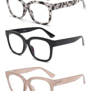JM 3 Pack Oversized Reading Glasses for Women Large Square Blue Light Blocking Computer Readers Spring Hinge