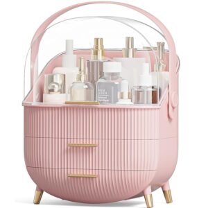 Kousee Makeup Storage Organizer with Clear Lid, Skincare Drawers Beauty Holder for Bathroom, Dressing Table, Dustproof Waterproof, Pink