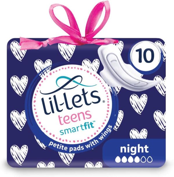 Lil-Lets Teens Night Pads X 10, Petite Towels For Girls & Teenagers, With Wings, For Heavy Flow, Unscented, Soft & Breathable, First Period Sanitary Towels, 1 Pack of 10 Pads