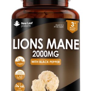 Lions Mane Mushroom Extract Supplement 2000mg - 180 High Strength Vegan Tablets with Black Pepper - (Not Powder or Capsules) Made in The UK by New Leaf Products