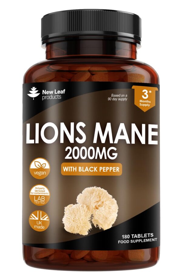Lions Mane Mushroom Extract Supplement 2000mg - 180 High Strength Vegan Tablets with Black Pepper - (Not Powder or Capsules) Made in The UK by New Leaf Products