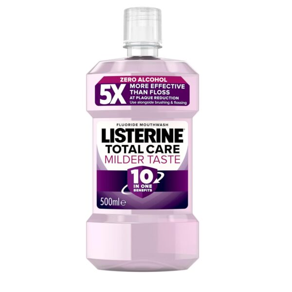 Listerine Total Care Milder Taste (Zero Alcohol) Antibacterial Mouthwash (500ml), Caring and Cleansing Mouthwash to Freshen Breath with 10-in-1 Benefits