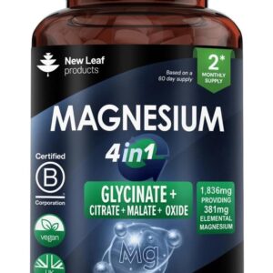 Magnesium Glycinate 4-in-1 Complex 1836mg – 381mg Elemental Per Serving – High-Strength Magnesium with Bisglycinate, Citrate, Malate, Oxide – 120 Vegan Capsules – UK...
