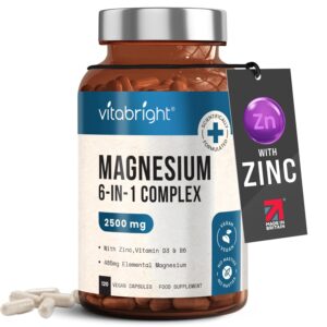 Magnesium Glycinate 6-in-1 Complex 2500mg | 120 Capsules, 485mg Elemental Magnesium Supplements | Malate, Taurate, Citrate High Strength Tablets + Zinc, Vitamin D3, B6 | Sleep &...