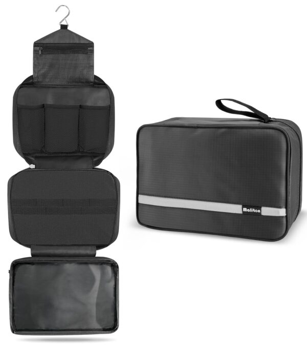 Maliton Hanging Toiletry Bag, Waterproof Large Mens Wash Bag, Foldable Travel Toiletry Bag with 4 Compartments, Travel Essentials for Business Trip, Vacation and for Overnight...