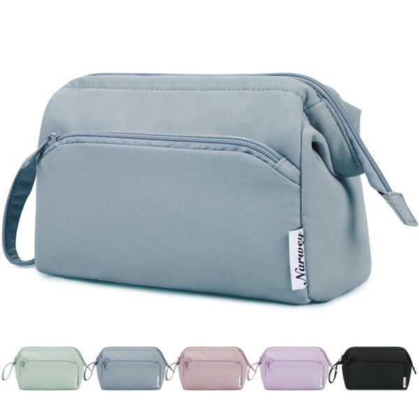 Narwey Large Makeup Bag Wide-Open Zipper Pouch Travel Wash Bag Toiletry Bag Cosmetic Organizer for Women (Greyish Blue)