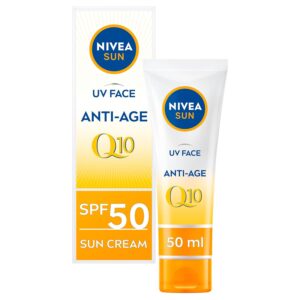 NIVEA UV Face SPF50 Q10 Anti-Age & Anti-Pigment 0% White Residue (50ml), Q10 Face Sun Cream, Anti-Ageing Cream Protects Against UVA/UVB Rays & Premature Skin Ageing