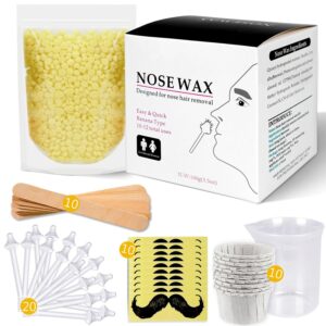 Nose Wax Kit for Men and Women, Nose Hair Removal Wax with 100g Nasal Hair Wax 20 Safe Tip Applicator, 10 wooden Applicators,10 Containers and 10Moustache Stencils As a...