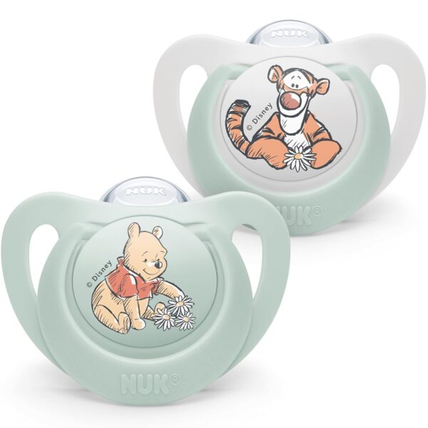 NUK Star Baby Dummy | 0-6 Months | Soothes 99% of Babies | BPA-Free Silicone Soothers | Winnie The Pooh | with Case | 2 Count