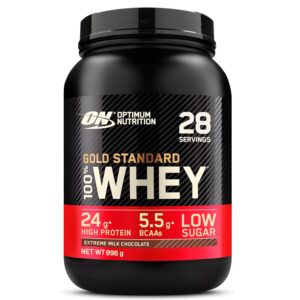 Optimum Nutrition Gold Standard 100% Whey Muscle Building and Recovery Protein Powder With Naturally Occurring Glutamine and BCAA Amino Acids, Extreme Milk Chocolate Flavour, 28...