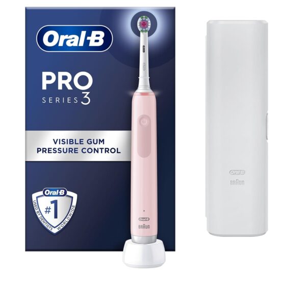 Oral-B Pro 3 Electric Toothbrush For Adults, 1 3D White Toothbrush Head & Travel Case, 3 Modes with Teeth Whitening, 2 Pin UK Plug, 3500, Pink.