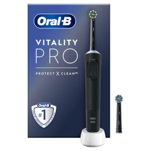 Oral-B Vitality Pro Electric Toothbrushes for Adults, for Him/Her, 1 Handle, 2 Toothbrush Heads, 3 Brushing Modes Including Sensitive Plus, 2 Pin UK Plug, Black (Packing May Vary)