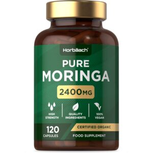Organic Moringa Capsules 2400mg | High Strength Moringa Oleifera Leaves | 120 Vegan Powder Capsules | Horbaach