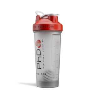 PhD Nutrition Mixball Shaker, Shaker for Protein Shakes, Wire Mixball Whisk, Red Non-Drip Screw Lid, Transparent Colour, 600 ml
