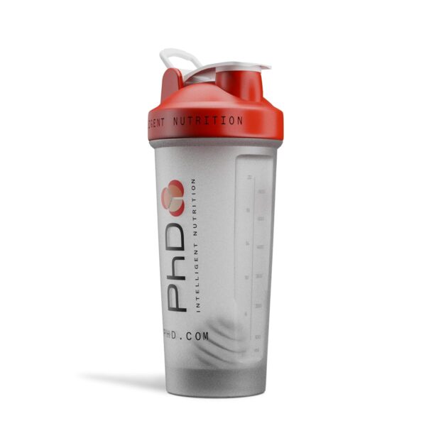 PhD Nutrition Mixball Shaker, Shaker for Protein Shakes, Wire Mixball Whisk, Red Non-Drip Screw Lid, Transparent Colour, 600 ml
